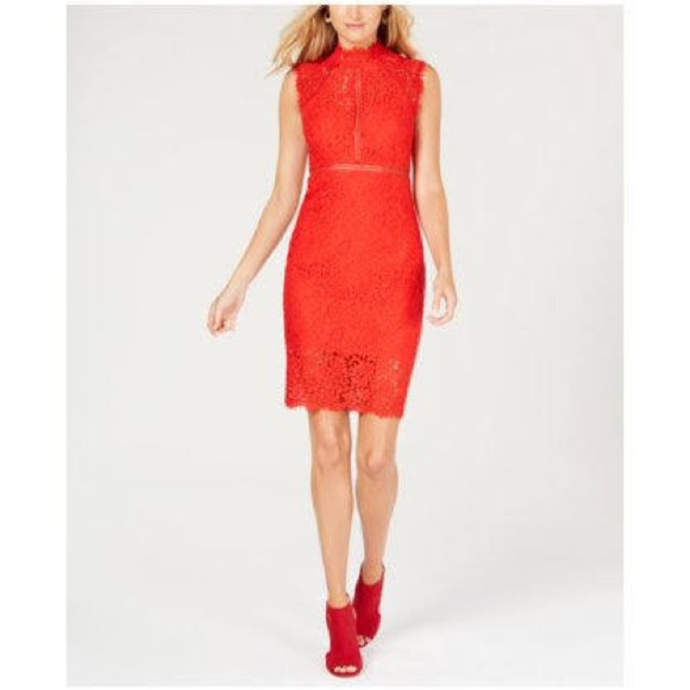 Bardot Red Lace Sheath Dress with High Neck Lace panel dress